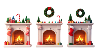  Festive Christmas Fireplace Variety Pack with Three Holiday Designs, isolated on transparent background
