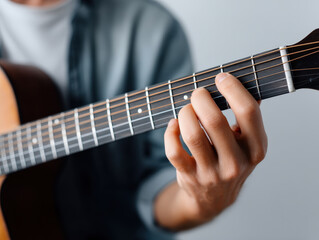 Close up of fingers tuning guitar strings with cozy indoor lighting and soft focus on fretboard for calm music moment
