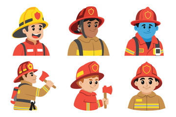 Set of Cartoon Firefighter Characters in Uniform with Helmets and Fire Equipment, Perfect for Safety Education, Emergency Services, Kids’ Books, and Fire Prevention Campaigns