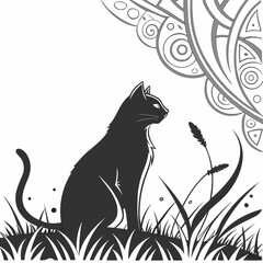Vector art of a sleek black cat sits gracefully amidst tall grass, gazing intently into the distance, with an abstract moon design overhead, this illustration evokes a sense of mystery