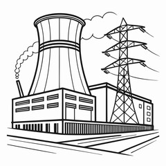 Vector art of black and white illustration of a nuclear power plant depicts the cooling tower, reactor building, and transmission tower, showcasing energy production
