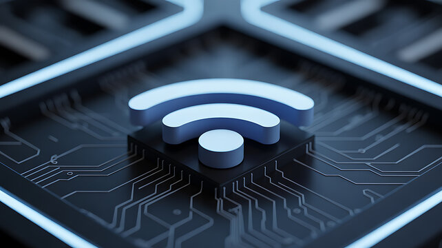 3D rendering of a Wi-Fi symbol on a circuit board with illuminated pathways