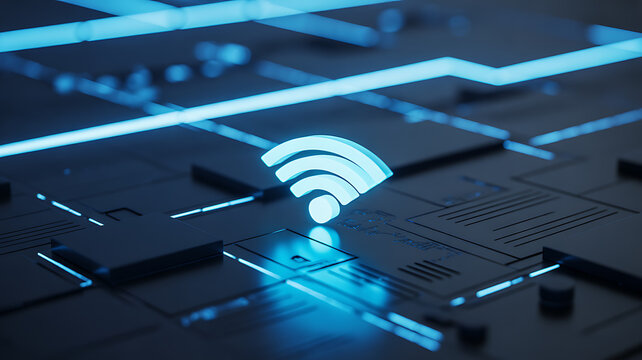 Digital circuit board with glowing Wi-Fi symbol in a futuristic technology setting