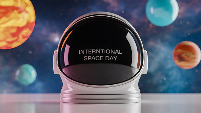 Astronaut helmet with 'International Space Day' text displayed against a cosmic background featuring planets and stars