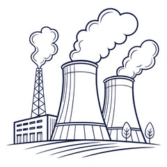 Vector art of line art illustration of a nuclear power plant depicts the cooling towers, reactor building, and transmission tower, showcasing energy production