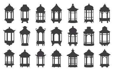 Set of 20 diverse silhouette lantern illustrations for vector graphics and design projects vector