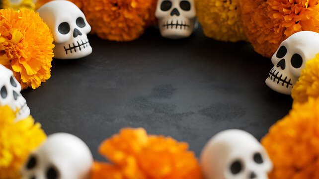 Decorative skulls and marigold flowers arranged in a circle on a dark surface