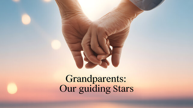 Hands of an adult and child holding together against a sunset sky with the text 'Grandparents: Our guiding Stars'