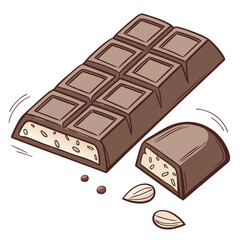 Vector art of isometric illustration of a chocolate bar with almond filling hand drawn vector illustration of a sweet treat with nuts and a piece of chocolate
