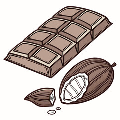 Vector art of isometric illustration of a chocolate bar with cocoa bean hand drawn vector illustration of a sweet treat with cocoa and a piece of chocolate
