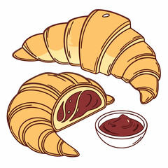 Vector art of two croissants, one with chocolate filling, and a bowl of chocolate spread perfect for breakfast, dessert, or a sweet treat enjoy the deliciousness