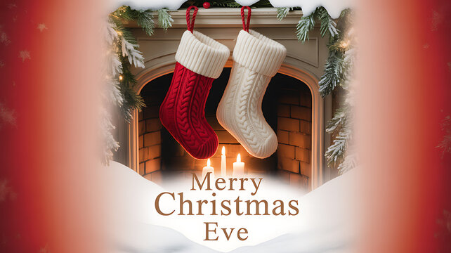 Christmas stockings hanging by a fireplace with candles and festive decorations