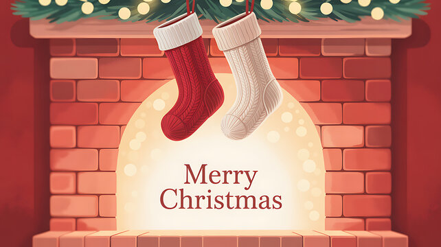 Christmas stockings hanging on a brick fireplace with festive lights and a 'Merry Christmas' greeting