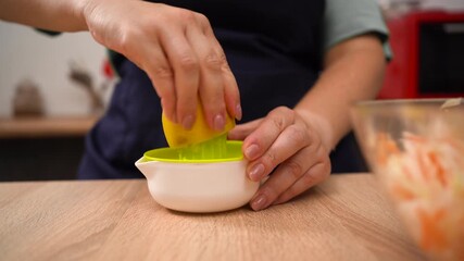 Woman Making juice in the kitchen using hand Juicer and fresh lemons - Powered by Adobe