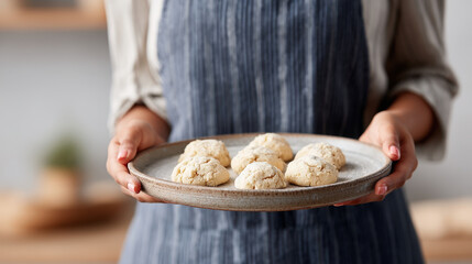 Fresh homemade cookies on rustic ceramic plate held by person wearing striped apron in cozy kitchen setting
