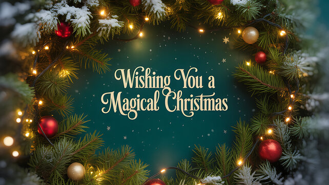 Christmas wreath adorned with lights, ornaments, and snow, featuring a festive message on a teal background