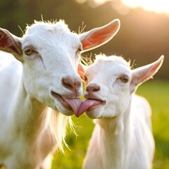 Two white goats interacting