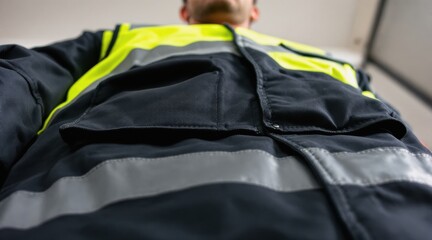 low angle worker  vest concept. Worker wearing safety gear with reflective stripes in a low-angle view.
