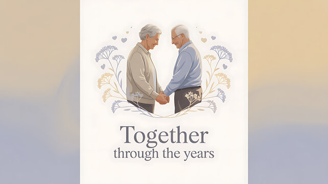 Illustration of an elderly couple holding hands, surrounded by floral designs, with the text 'Together through the years'