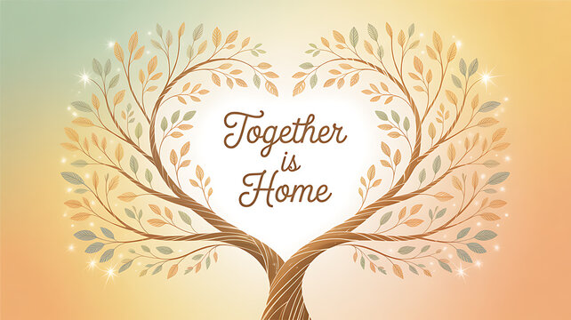 Illustration of two intertwined trees forming a heart shape with the text 'Together is Home' against a warm gradient background