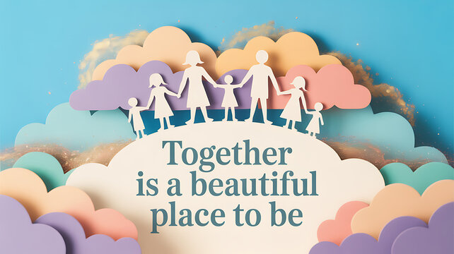 Paper cutout family holding hands on a cloud with the message 'Together is a beautiful place to be' against a blue sky background