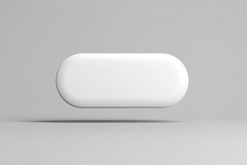A horizontally-oriented, smooth, white, oval capsule-shaped object floats slightly above a neutral gray background, casting a subtle shadow