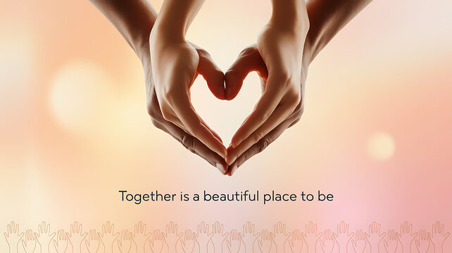 Two hands forming a heart shape against a soft, warm background with the text 'Together is a beautiful place to be'