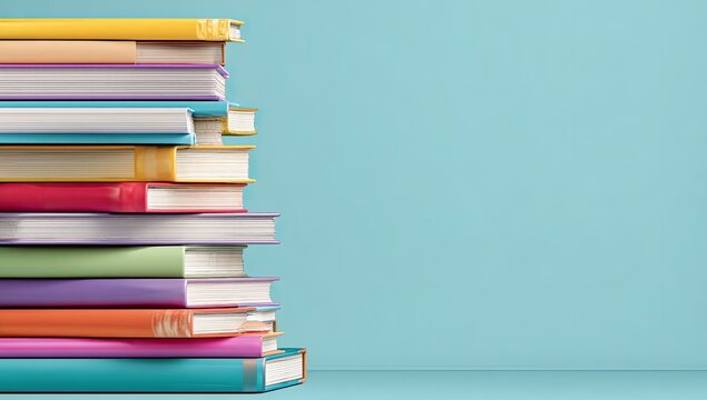 A vibrant stack of colorful hardcover books leans against a light teal wall, leaving ample copy space to the right