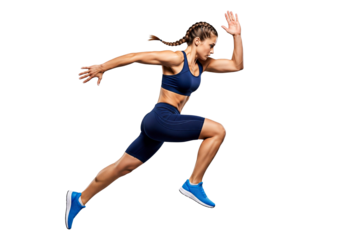 young woman running isolated on white