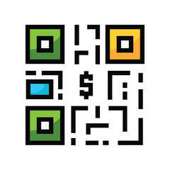 Pixelated QR code with colored squares and a dollar sign