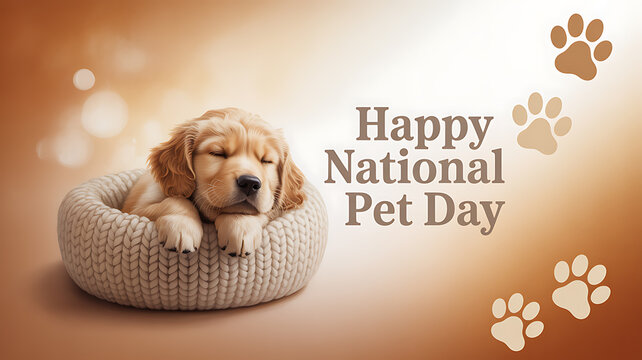 A sleeping golden puppy in a cozy knitted bed with 'Happy National Pet Day' text and paw prints on a warm background