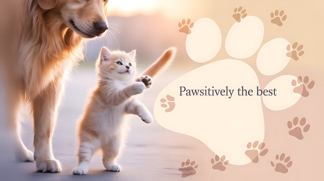 A playful kitten stands on hind legs reaching toward a golden retriever, with paw prints and text overlay reading 'Pawsitively the best'
