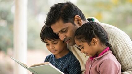 Caring Indian dad with kids around storybook — sharing love and teaching through storytelling