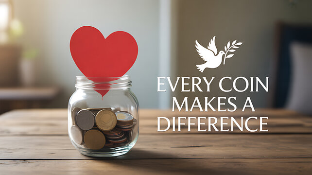 A glass jar filled with coins and a red heart on top, symbolizing charitable giving with the text 'Every Coin Makes a Difference'.