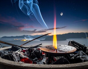Candlelight on a lake at night