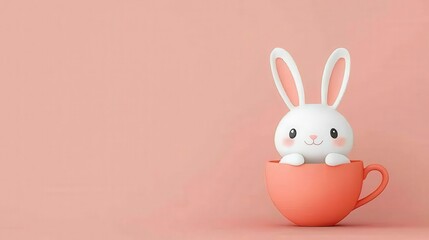 Obraz premium Cute White Bunny Sitting in a Delicate Orange Cup on a Soft Pink Background for Spring and Easter Themes