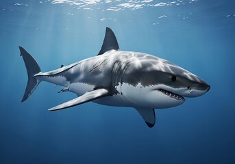 Naklejka premium Majestic great white shark gliding through the ocean's depths with sunlight shimmering and reflecting on its skin