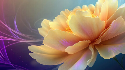 A blooming light yellow peony flower has a realistic and surreal feeling. The petals have rich levels of detail and obvious detailed textures, which are visually impactful. It is rendered in Cinema 4D