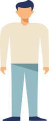 A minimalistic illustration of a man wearing a light-colored sweater and blue pants, standing against a white background