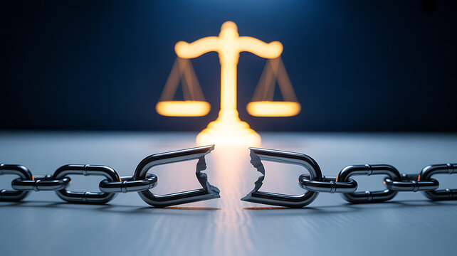 A broken chain in front of a glowing justice scale, symbolizing legal freedom or the breaking of legal constraints.