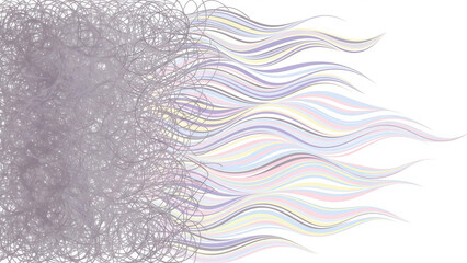 The process of untangling thoughts, with a complex knot turning into simple pastel waves, a useful image for a meditation app or a mindfulness guide Calm.