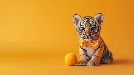 Cute tiger cub with bow tie on orange background adorable baby animal portrait playful feline kitten pet 100
