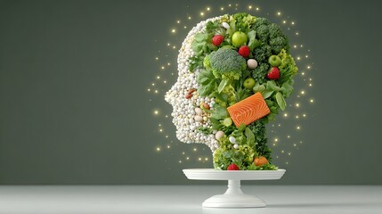Organic wellness design - Creative Healthy Food Concept: Human Head Made of Fresh Vegetables and Fruits - modern wellness concept
