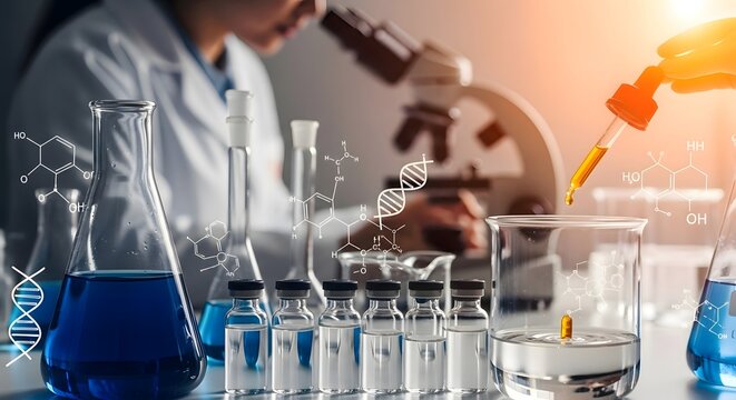 Scientist working in a lab with microscope, flasks, vials, and chemical structures overlayed