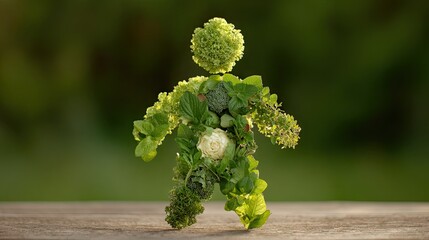 Vegan creative composition - Creative Green Man Made of Vegetables and Greens on Wooden Surface - modern wellness concept