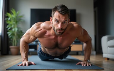 Man doing pushups at home while watching online fitness training. High quality
