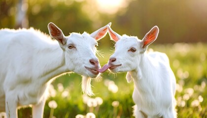 Two white goats sharing a kiss in a field