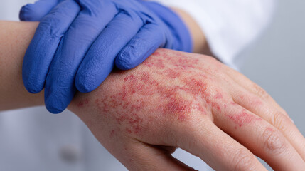 Red irritated skin on a hand with visible inflammation and a gloved hand providing assistance in a clinical environment related to skincare or dermatology.