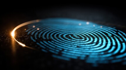 A detailed, glowing fingerprint impression, captured with vibrant blue tones against a dark background, showcasing a digital representation of a biometric scan.