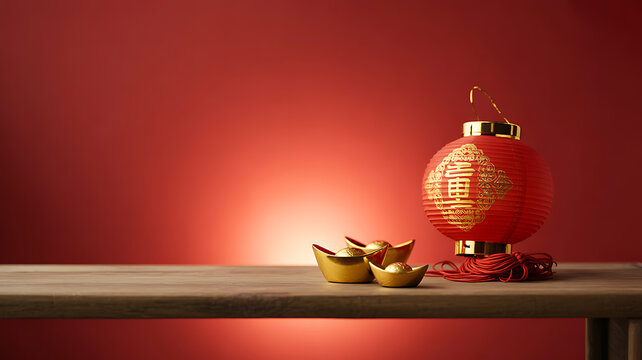 Red Chinese lantern and golden ingots on wooden table against red background